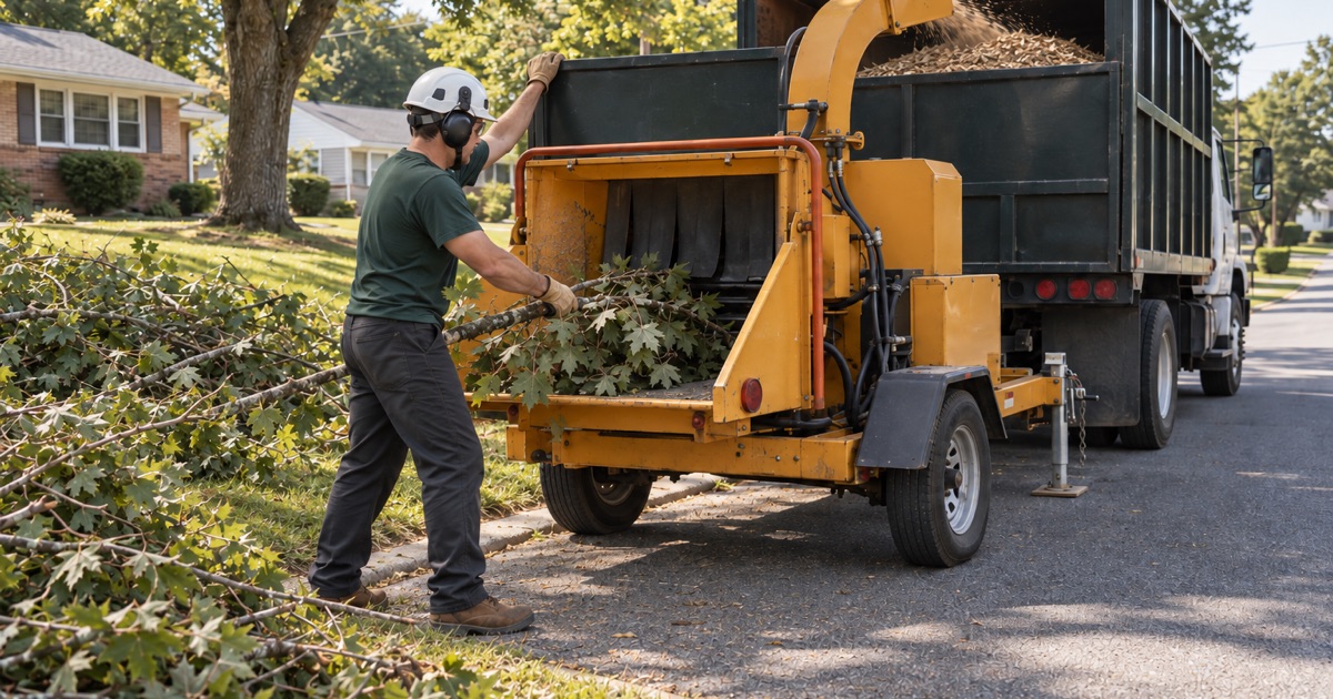 Worker loading brush into a chipper’s infeed at a Glen Burnie curb, one hand on the chip box rail as the last of the day’s cuttings go through.