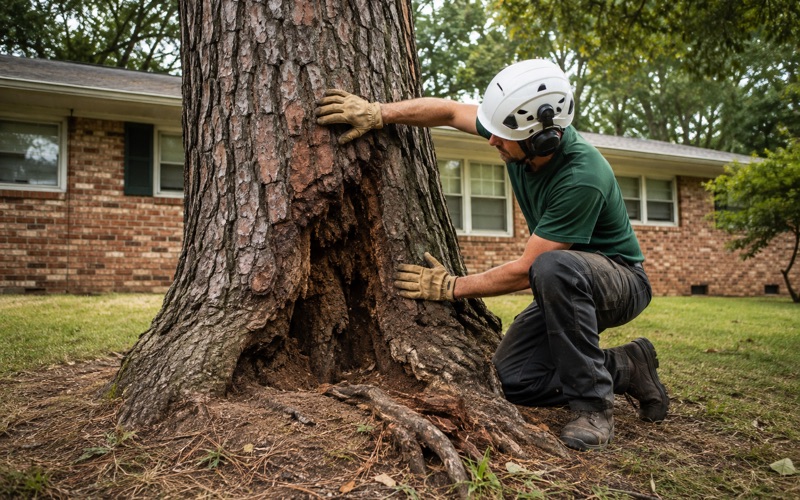 Worker examining a cavity at the base of a large loblolly pine in a Glen Burnie yard, one palm flat on the bark beside the opening.