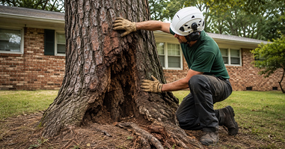 Worker examining a cavity at the base of a large loblolly pine in a Glen Burnie yard, one palm flat on the bark beside the opening.