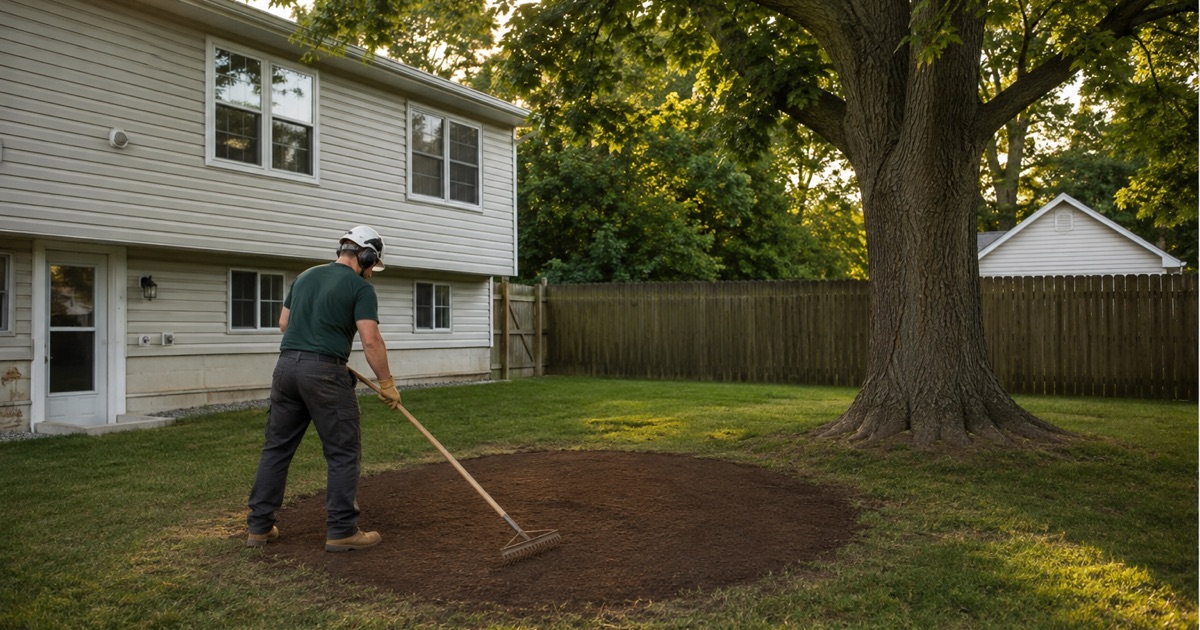 A Glen Burnie back yard after the crew has gone, the ground stump raked level and the lawn clear under an untouched white oak.