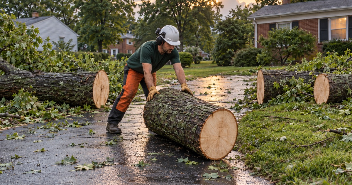 Worker dragging a bucked silver maple section out of the cut lane across a Glen Burnie driveway on the evening of a summer squall, the rest of the trunk waiting on the verge.