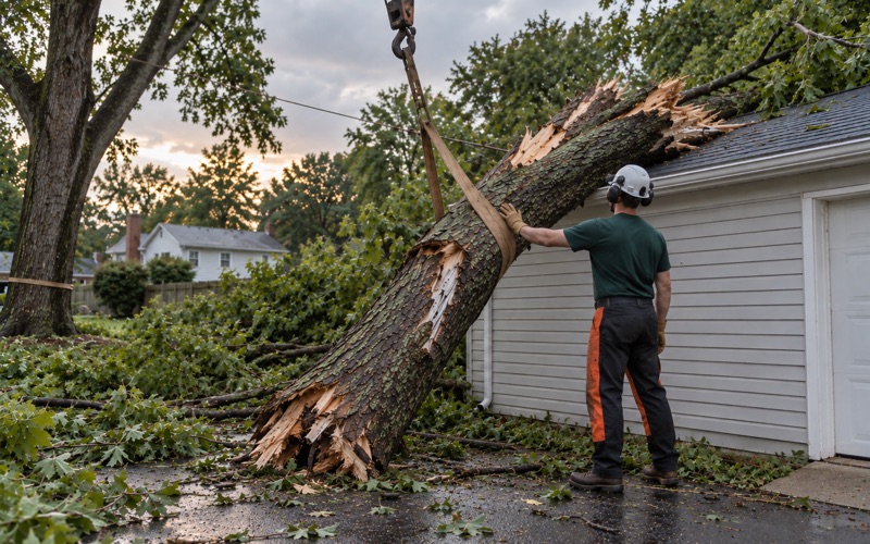 Worker steadying a split tulip poplar stem resting on a Glen Burnie garage roof after a summer thunderstorm, its torn face showing pale against the green canopy.