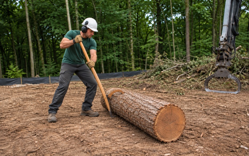 Worker rolling a cut black locust log toward a windrow with a cant hook on a cleared Glen Burnie lot.
