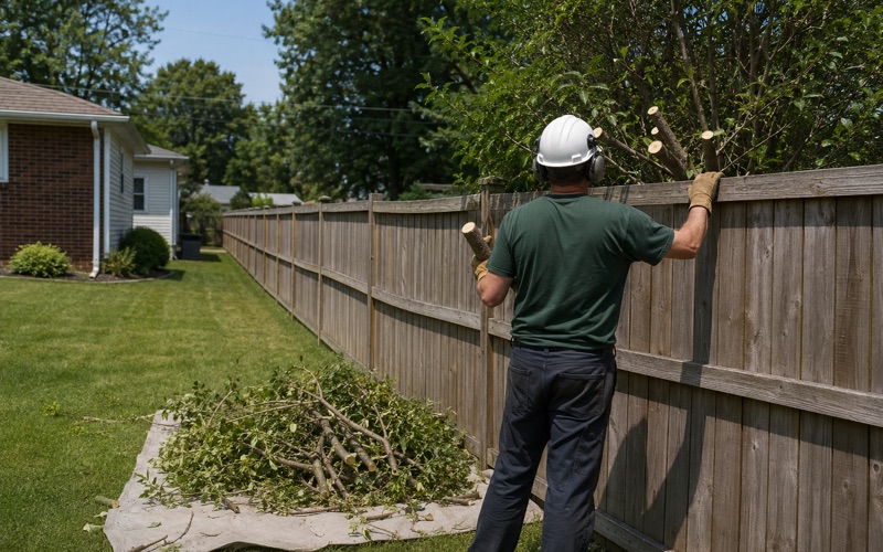 Worker holding a cut black cherry branch stub at the fence line between two Glen Burnie yards, the cut stopped square above the boards.