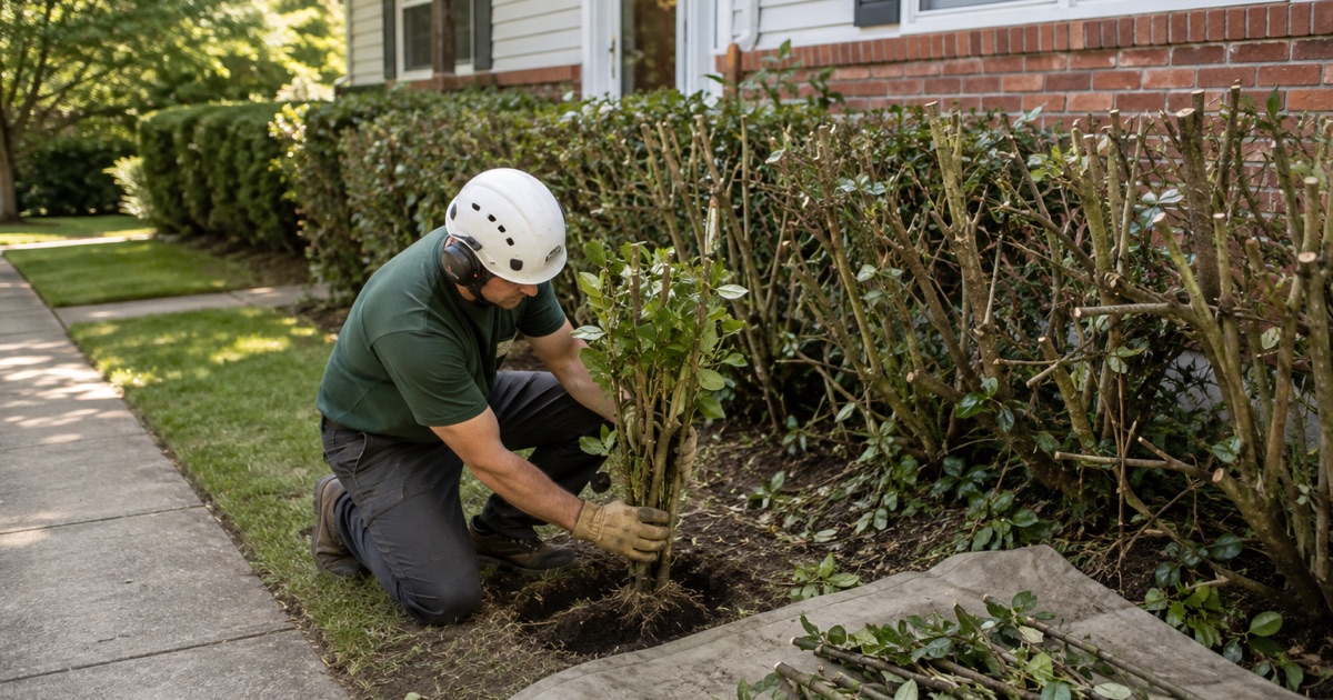 Worker pulling a cut American holly stem cluster out of a foundation bed at a Glen Burnie house, the top already taken off.