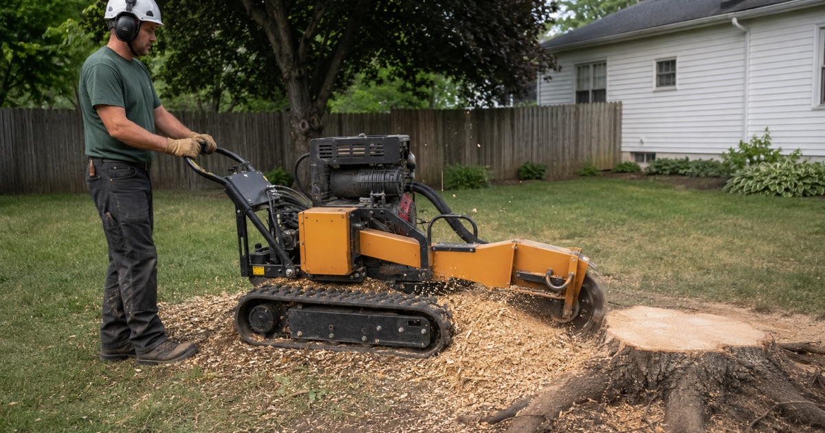 Operator sweeping a stump grinder across the face of a cut oak stump in a Glen Burnie back yard, chips thrown out across the grass.