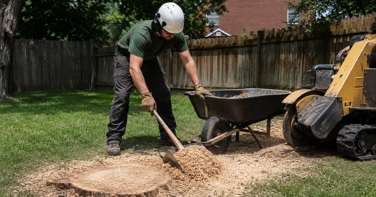 Worker scooping grinding chips off a Glen Burnie lawn into a barrow beside the ground stump of a red maple.
