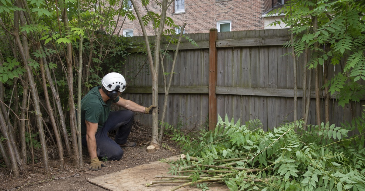 Worker gripping a cut ailanthus stem at a Glen Burnie fence line, the host-plant clump being taken out at the base.