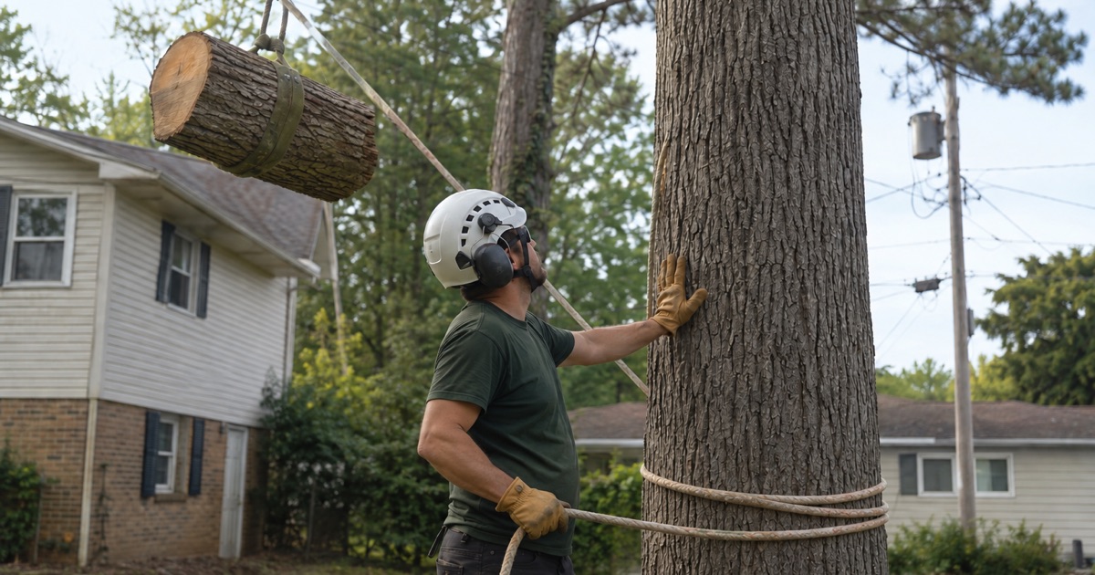Worker taking a wrap on the base bollard as a cut section of storm-damaged tulip poplar is lowered behind a Glen Burnie split-level on a summer evening.