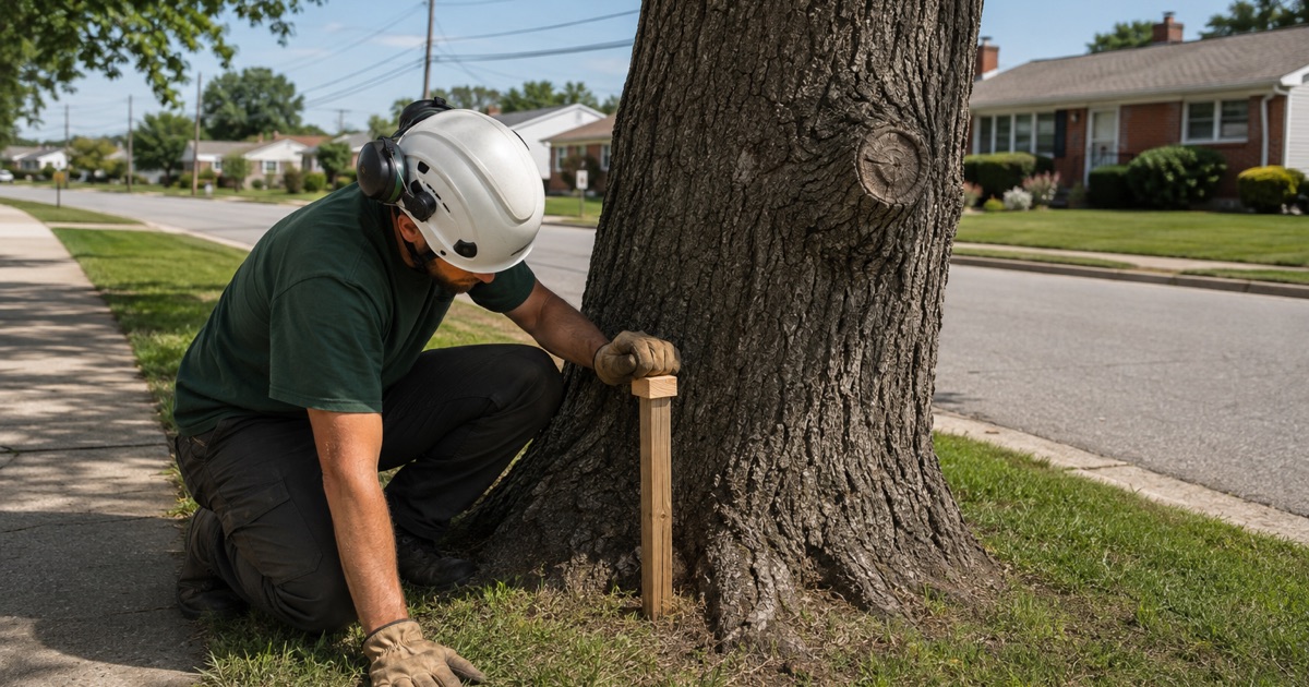 Worker crouched at a surveyed boundary marker beside a large willow oak on a Glen Burnie verge, the trunk standing between the sidewalk and the curb.