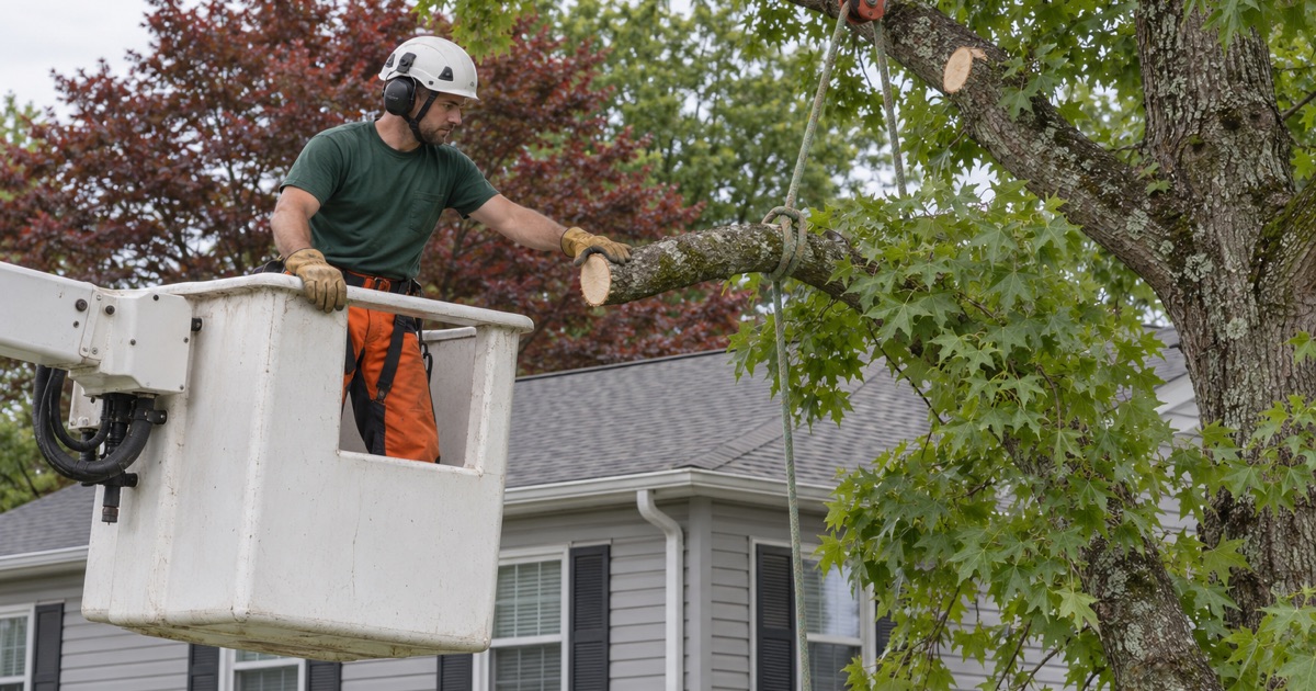 Worker in a bucket steadying a cut sweetgum limb clear of a Glen Burnie roofline, the cut face showing at the branch collar behind him.